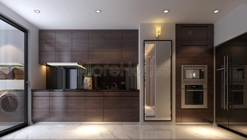 Thiết kế nội thất phòng bếp chung cư hiện đại và tiện nghi với gỗ công nghiệp Thiết kế chung cư