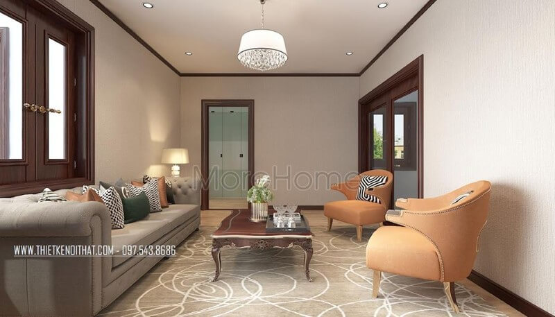 Thiết kế nội thất sofa khung gỗ sồi nhập khẩu bọc vải màu sữa kết hợp chiếc bàn trà bằng gỗ tự nhiên mài nâu socola, cùng với 2 chiếc ghế nghỉ màu cam tạo sự sinh động mà không bị chật chội. Mẫu sofa gỗ tự nhiên, gỗ óc chó đẹp