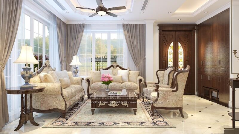 Phòng khách trở nên nổi bật, quý phái hơn với mẫu Sofa Tân cổ điển cao cấp gỗ tự nhiên bọc nỉ hoa văn Mẫu sofa gỗ tự nhiên, gỗ óc chó đẹp