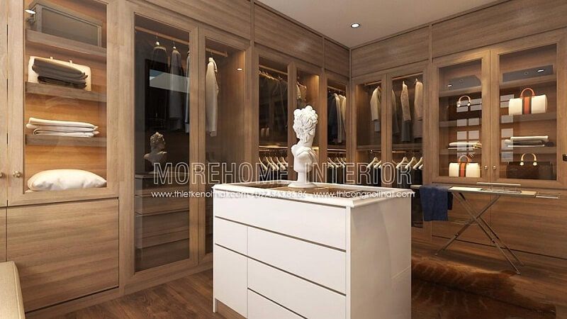 Mẫu tủ quần áo gỗ hiện đại kết hợp kính với tông màu nâu sáng bắt mắt phù hợp với phòng thay đồ chung cư, biệt thự diện tích lớn