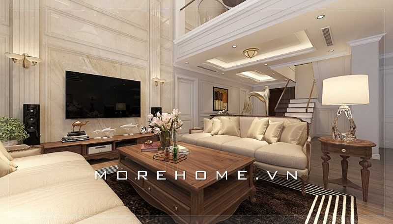 Không gian phòng khách sẽ trở nên ấn tượng khi các gia chủ lựa chọn mẫu thiết kế mang phong cách tân cổ điển.